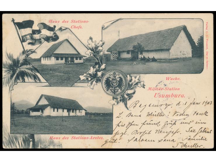 Dreibild-Ansichtskarte  Militär-Station Usumbura:  Haus des Stations-Arztes / Haus des Stations-Chefs / Wache, Verlag Vincent