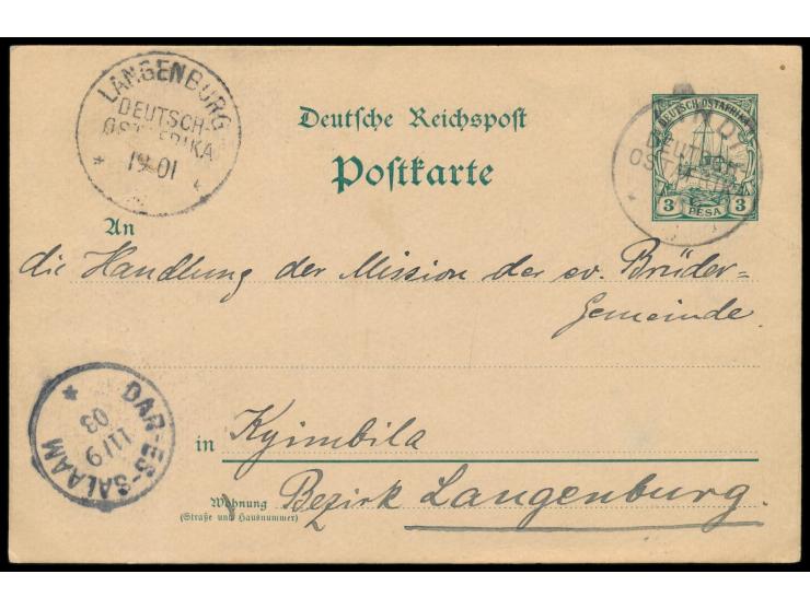 Ganzsache 3 Pesa mit Stempel  Lindi  7.9.03 an die Missionshandlung der ev. Brüder-Gemeinde in Kyimbila (Bezirk Langenburg), 