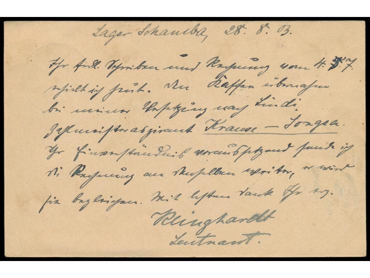 Ganzsache 3 Pesa mit Stempel  Lindi  7.9.03 an die Missionshandlung der ev. Brüder-Gemeinde in Kyimbila (Bezirk Langenburg), 