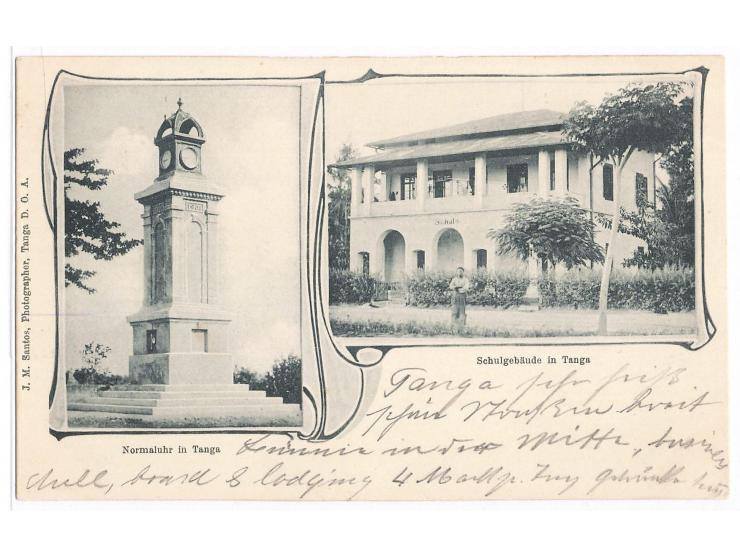 Zweibild-Ansichtskarte  Tanga - Normaluhr / Schulgebäude,  Verlag Santos, Tanga, beschriftet, ungelaufen, ca. 1905
