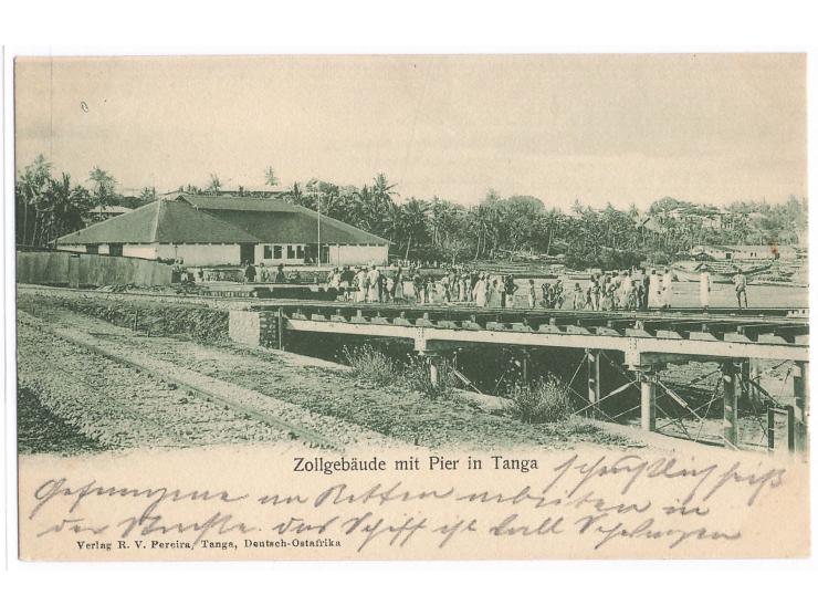 Ansichtskarte  Zollgebäude mit Pier in Tanga,  Verlag Pereira, Tanga, beschriftet, ungelaufen, ca. 1905
