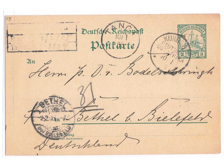 Ganzsache mit Stempel  Korogwe  10.1.05, geschrieben von Diakon Wilhelm Bokerann auf der  Missionsstation Lutindi,  an Bodels