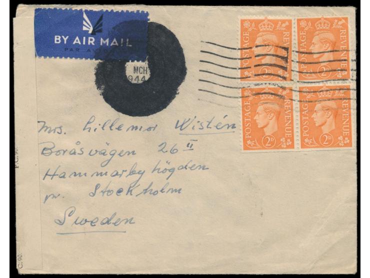 4 x Großbritannien 2 d. auf Luftpostbrief nach Schweden, Absender "Lieut. Einar Dahl, P.O. Box 251 London E. C. 1",  Deckadre