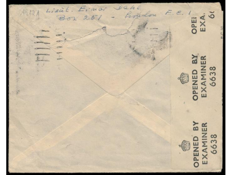 4 x Großbritannien 2 d. auf Luftpostbrief nach Schweden, Absender "Lieut. Einar Dahl, P.O. Box 251 London E. C. 1",  Deckadre