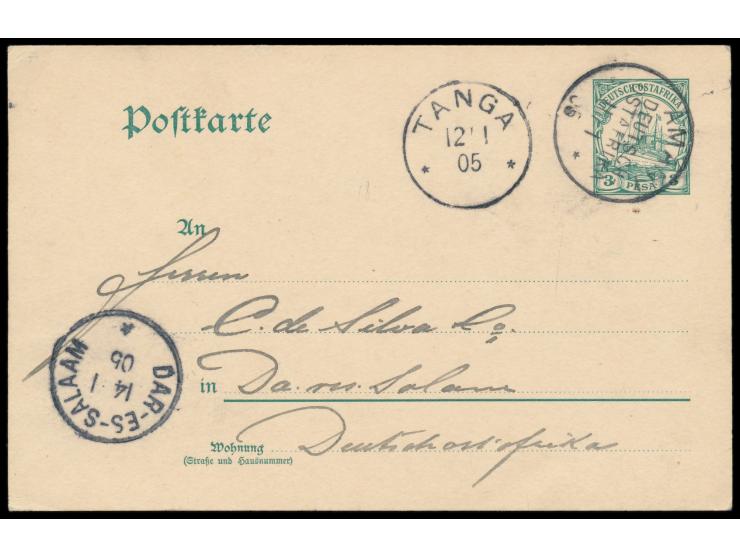 Ganzsache 3 Pesa mit nach links gerückter "Postkarte", Stempel  Amani  11.1.05, Durchgangsstempel Tanga 12.1.05, auf der fert