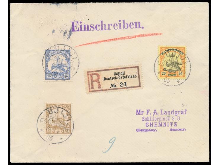 2 1/2 H., 15 H. und 20 H. (alle ohne Wasserzeichen) auf &nbsp;Einschreibbrief &nbsp;mit Stempel &nbsp;Ujiji &nbsp;30.6.05 an 