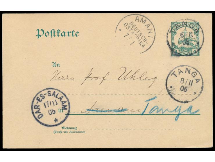 Ganzsache 4 H. mit Stempel  Tanga  6.11.05  an Prof. Uhlig,  Meteorologe und Geograph im Dienst des Gouvernements, unternahm 