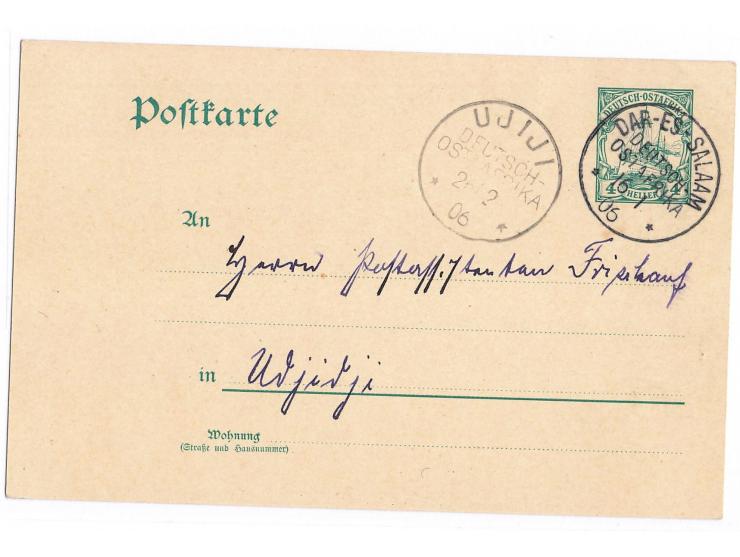 Ganzsache 4 H. mit Stempel  Dar-es-Salaam  16.1.06 an Postassistent Frischauf in Udjidji, Ankunftstempel  Ujiji  26.2.06, Abs