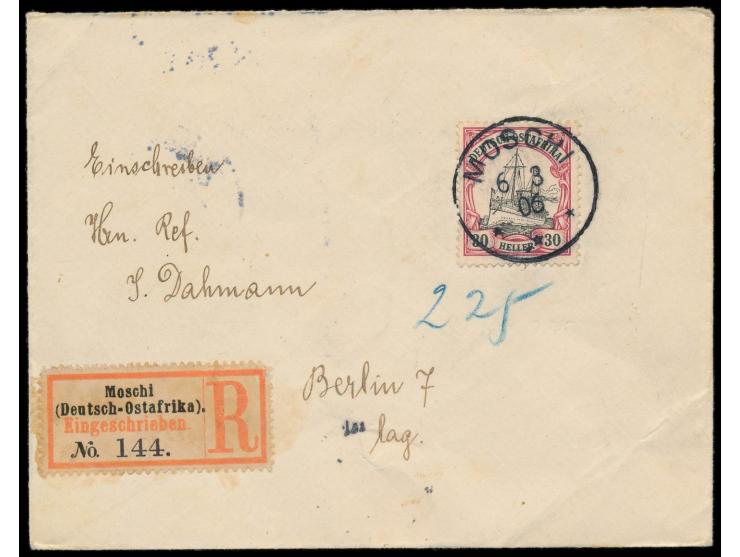 30 H. auf  Einschreibbrief  mit Stempel  Moschi  6.3.06 nach Berlin, R-Zettel Einfeldt Nr. 5, Durchgangstempel Tanga 12.3.06,