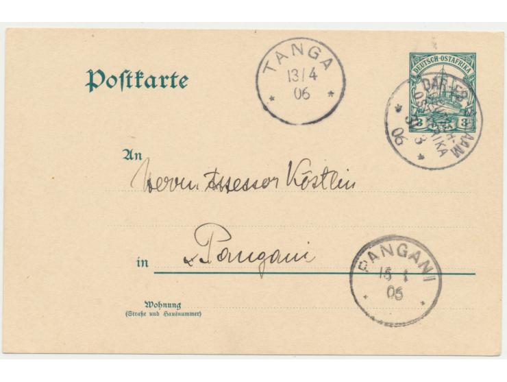 Ganzsache 3 Pesa mit Stempel  Dar-es-Salaam  31.3.06,  Letzttag  der Pesa-Ausgabe, nach Pangani, Durchgangstempel Tanga 13.4.