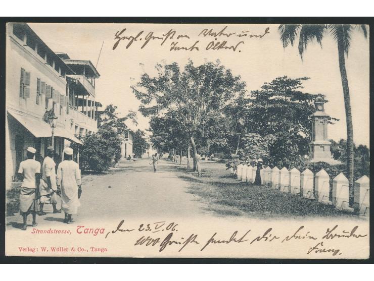 Ansichtskarte  Strandstrasse, Tanga,  Verlag W. Müller &amp; Co., Tanga, Frankatur 4 H., Stempel Tanga 22.5.06, Ankunftstempe