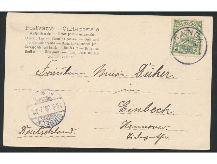 Ansichtskarte  Strandstrasse, Tanga,  Verlag W. Müller &amp; Co., Tanga, Frankatur 4 H., Stempel Tanga 22.5.06, Ankunftstempe