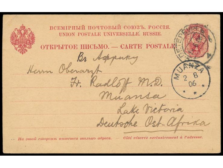 Russland-Ganzsache  4 Kop. mit Stempel  St. Petersburg  1.6.06 an Oberarzt  Dr. Franz Radloff  in Muanza, Ankunftstempel  Mua