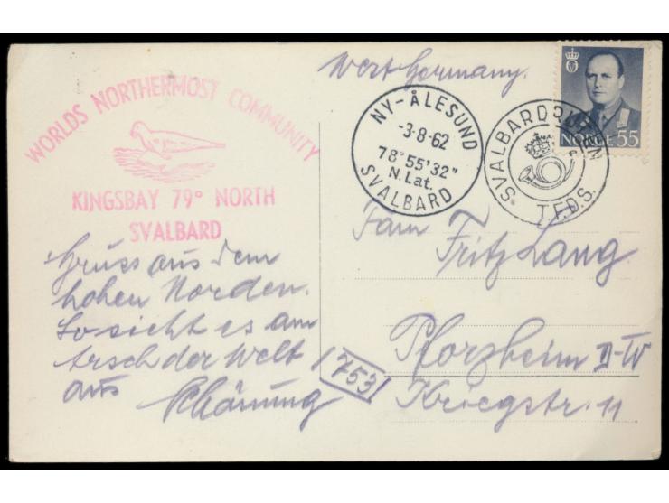 55 Öre mit Schiffspoststempel  Svalbardrouten T.F.D.S.  und Stempel  Ny-Alesund Svalbard  3.8.62 auf Foto-Ansichtskarte "Fra 