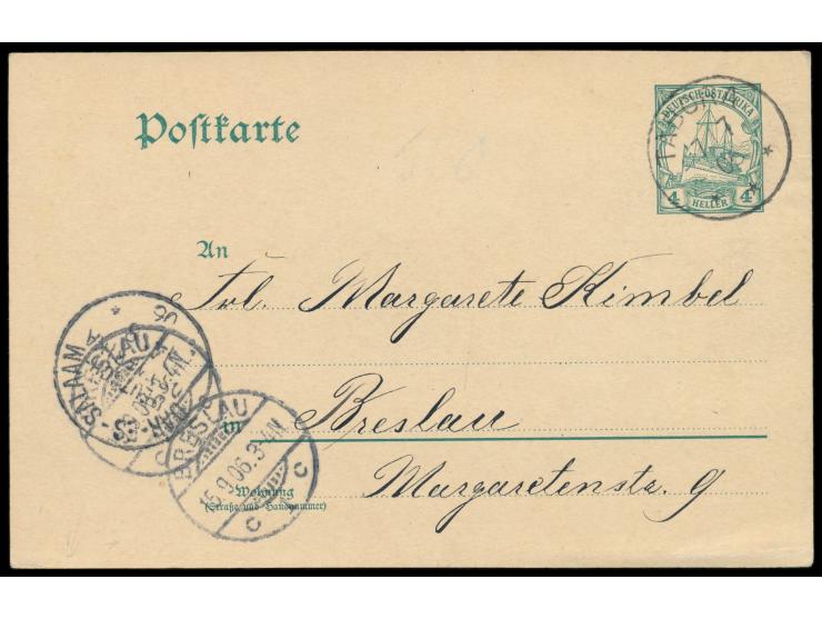 Ganzsache 4 H. mit Stempel  Tabora  7.7.05 nach Breslau, Durchgangstempel Dar-es-Salaam 4.8.06, Ankunftstempel 15.9.06, rücks