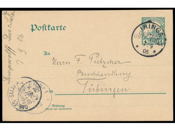 Ganzsache 4 H. mit Stempel Iringa 7.9.06, geschrieben von Stabsarzt Dr. Otto Dempwolff, Durchgangstempel Dar-es-Salaam 24.9.0