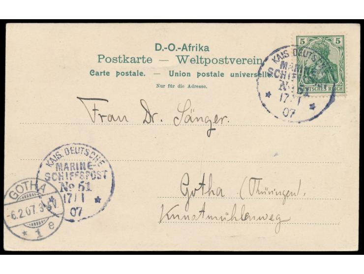 Stempel  MSP No. 51  17.1.07,  S.M.S. Bussard  in Saadani, zwei Abschläge auf Ansichtskarte Tanga, Frankatur Dt. Reich 5 Pf.,