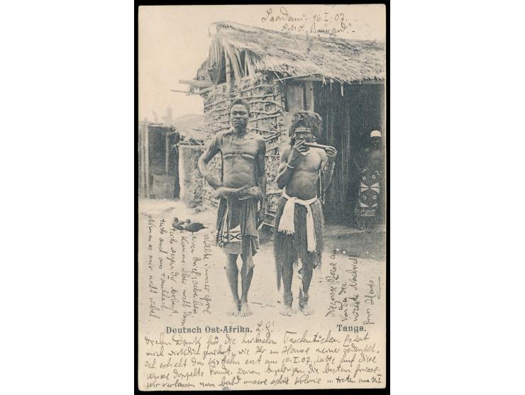 Stempel  MSP No. 51  17.1.07,  S.M.S. Bussard  in Saadani, zwei Abschläge auf Ansichtskarte Tanga, Frankatur Dt. Reich 5 Pf.,