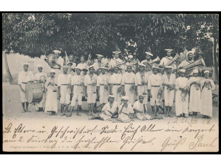 Ansichtskarte  Schülerkapelle in Tanga,  Verlag J. F. de Souza, Tanga, Frankatur 4 H., Stempel  Tanga  4.1.07, nach Gera, Ank