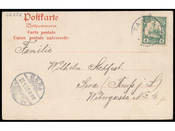 Ansichtskarte  Schülerkapelle in Tanga,  Verlag J. F. de Souza, Tanga, Frankatur 4 H., Stempel  Tanga  4.1.07, nach Gera, Ank