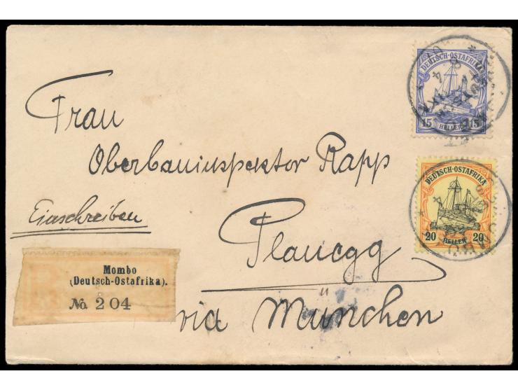 15 H. und 20 H. auf  Einschreibbrief  mit Stempel  Mombo  8.4.07 nach Planegg, R-Zettel Einfeldt Nr. 2, Durchgangstempel Tang