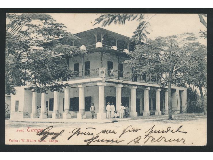 Ansichtskarte  Post Tanga,  Verlag W. Müller &amp; Co., Tanga, Frankatur 2 1/2 H. und 4 H., 2 x Stempel  Tanga  30.5.07, nach