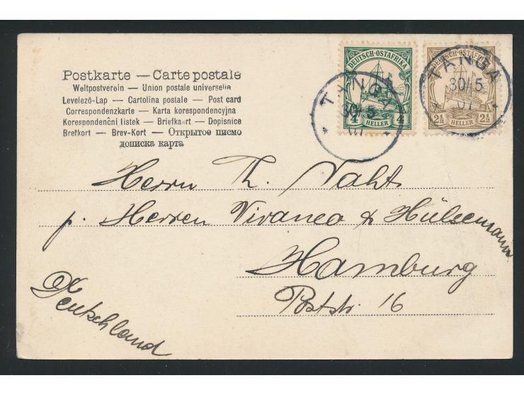 Ansichtskarte  Post Tanga,  Verlag W. Müller &amp; Co., Tanga, Frankatur 2 1/2 H. und 4 H., 2 x Stempel  Tanga  30.5.07, nach