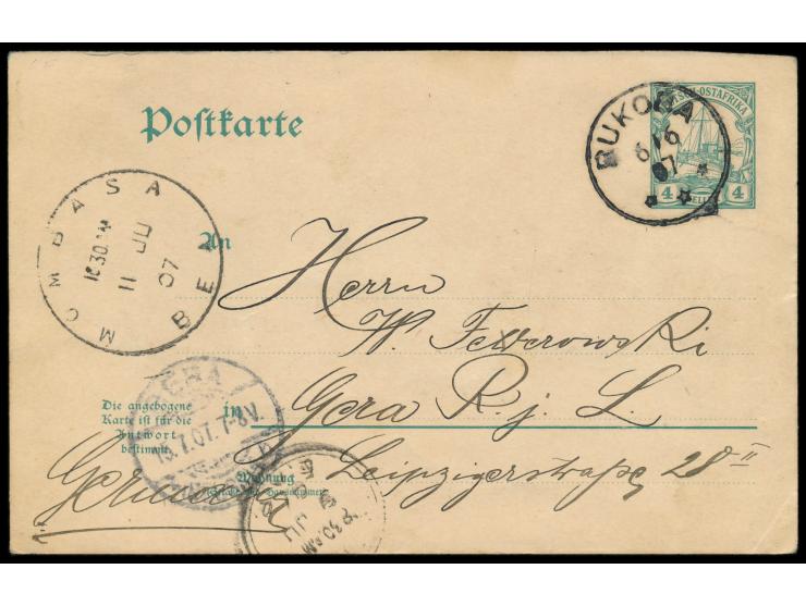 Ganzsachen-Frageteil 4 H. mit Stempel  Bukoba  6.6.07 nach Deutschland, Durchgangstempel  Kisumu  9.6.07 und  Mombasa  11.6.0