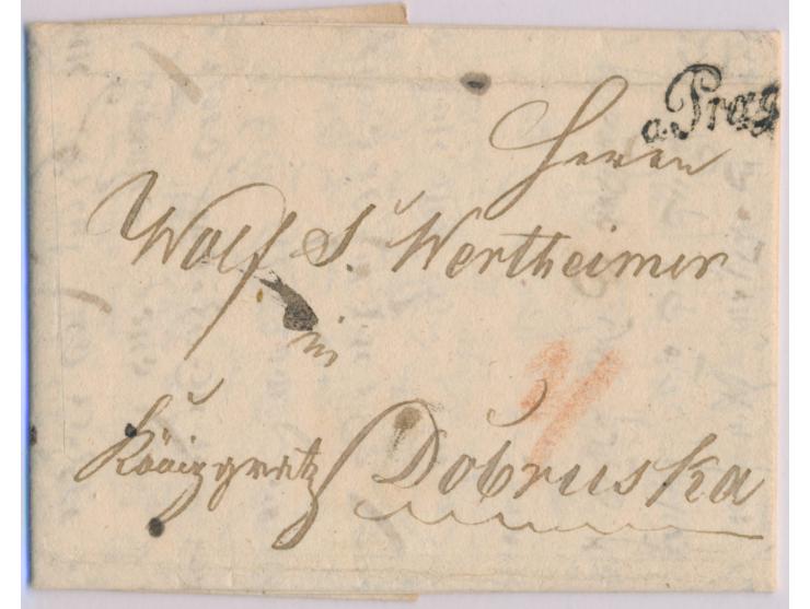 Schreibschriftstempel  a Prag  auf komplettem Brief 1821, langer dreiseitiger Text in  hebräischer Schrift  an Wolf Samuel We