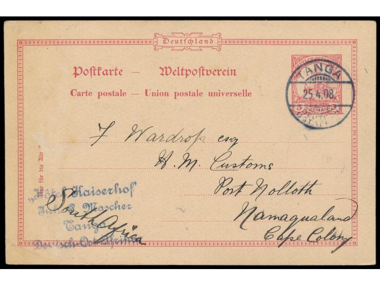 Ganzsache 5 Pesa  mit Stempel  Tanga  25.4.08 nach Port Nolloth, Namaqualand, Cape Colony, Absenderstempel  "Hotel Kaiserhof 