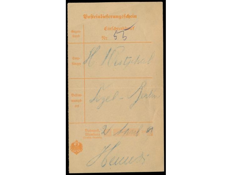 Einlieferungsschein  (ohne Formular-Nr.) für einen Einschreibbrief (Nr. 55) mit Eindruck  "Bahnpost, Usambara (Deutsch-Ostafr