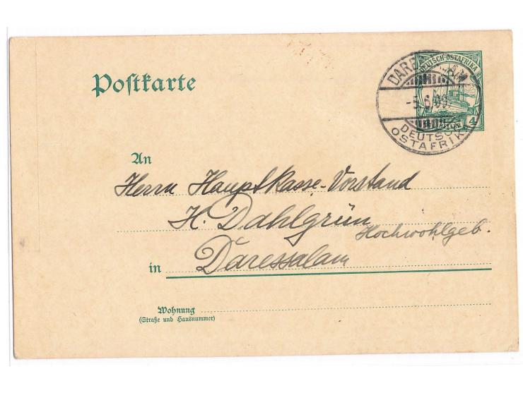 Ganzsache 4 H., geschrieben in  Morogoro  am 4.6.1909 nach Daressalam, Auflieferung durch den Briefkasten am Bahnhof Morogoro