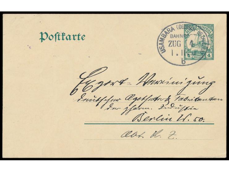 Bahnpoststempel  Usambara (Deutsch-Ostafrika) b  Zug 4 26.8.09 auf Ganzsache 4 H., geschrieben in  Makuyuni  von Karl Viehweg