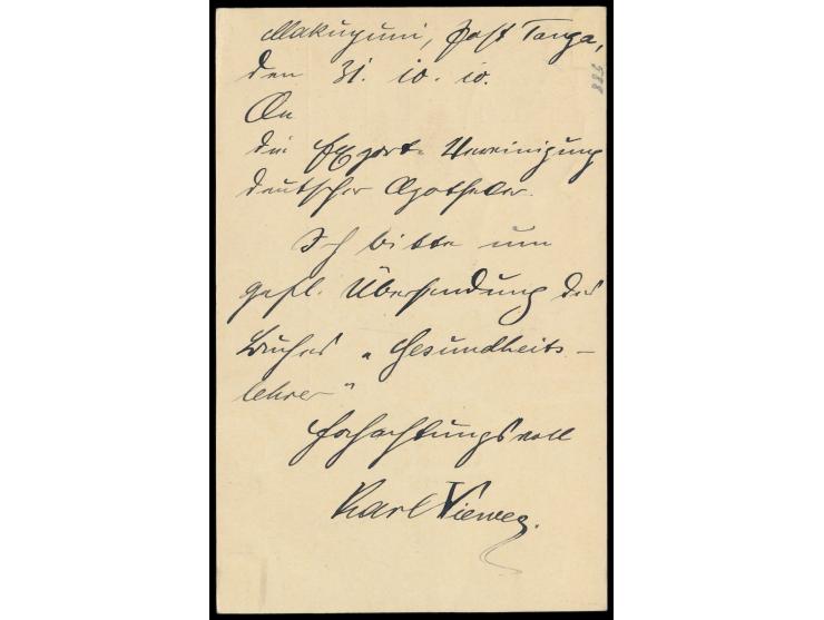 Bahnpoststempel  Usambara (Deutsch-Ostafrika) b  Zug 4 26.8.09 auf Ganzsache 4 H., geschrieben in  Makuyuni  von Karl Viehweg