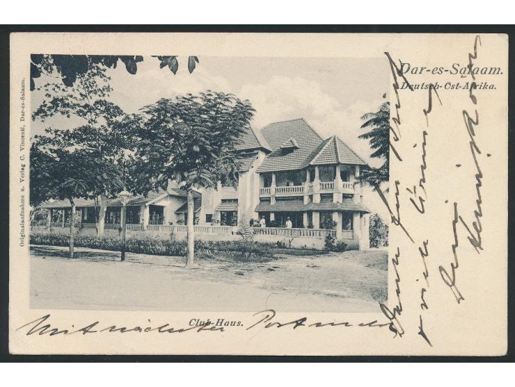 Ansichtskarte  Dar-es-Salaam - Club-Haus,  Verlag Vincenti, Dar-es-Salaam, Frankatur 4 H., undeutlicher Seepoststempel 15.11.