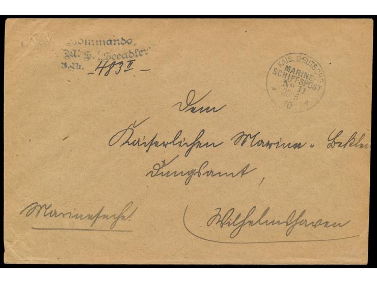Stempel  MSP No. 11  25.6.10,  S.M.S. Seeadler,  während der Liegezeit  in Daressalam,  Dienstbrief "Marinesache" nach Wilhel