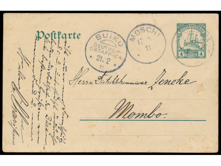 Ganzsache 4 H. mit Stempel  Aruscha  14.2.(11) nach Mombo, Durchgangstempel Moschi 17.2.11 und  Buiko  21.2.11, leicht stockf