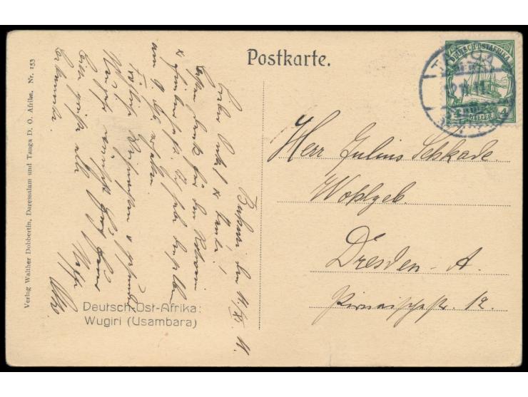 Ansichtskarte  Wugiri (Usambara),  Verlag W. Dobbertin, Frankatur 4 H., Stempel  Tanga  12.11.11, geschrieben in Buhuri, nach