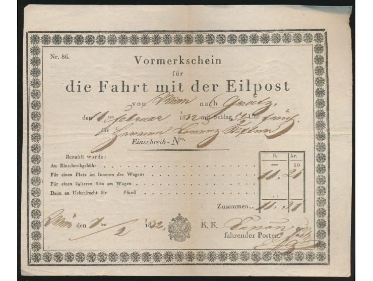 Vormerkschein für die Fahrt mit der Eilpost  von  Wien  nach Grätz am 11. Februar 1832, Gebühr 11 Gulden 31 Kreuzer, Formular