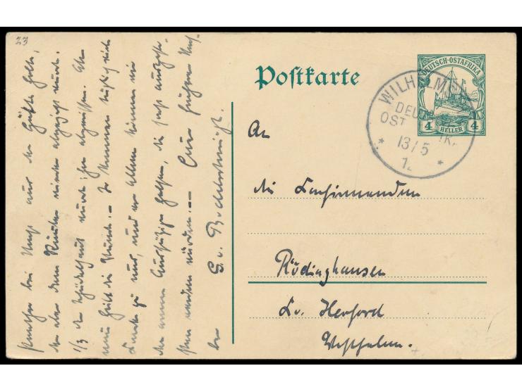 Ganzsache 4 H. mit Stempel  Wilhelmsthal  13.5.1912 nach Rüdinghausen, geschrieben auf der  Missionsstation Mlalo  von  Gusta