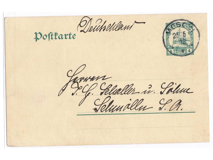 Ganzsache 4 H., geschrieben von Martin Köhler in  Engare Nanyuki  am 15.5.1912, Stempel  Moschi  25.5.12, nach Schmölln, Beda