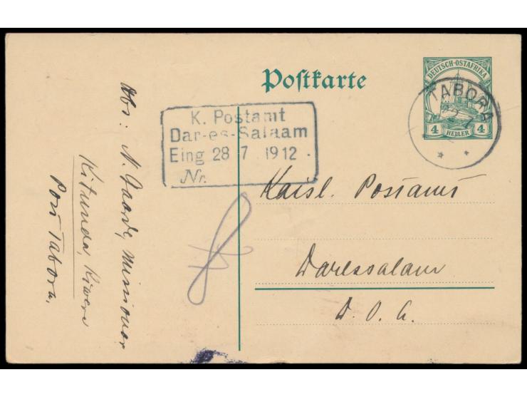 Ganzsache 4 H. mit Stempel  Tabora  22.7.12 an das Kaiserl. Postamt Daressalam, seltener Eingangsstempel  K. Postamt / Dar-es