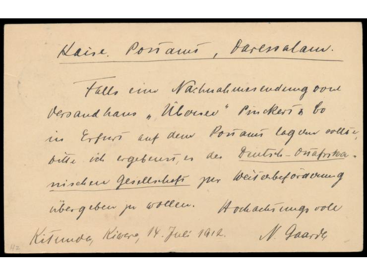 Ganzsache 4 H. mit Stempel  Tabora  22.7.12 an das Kaiserl. Postamt Daressalam, seltener Eingangsstempel  K. Postamt / Dar-es