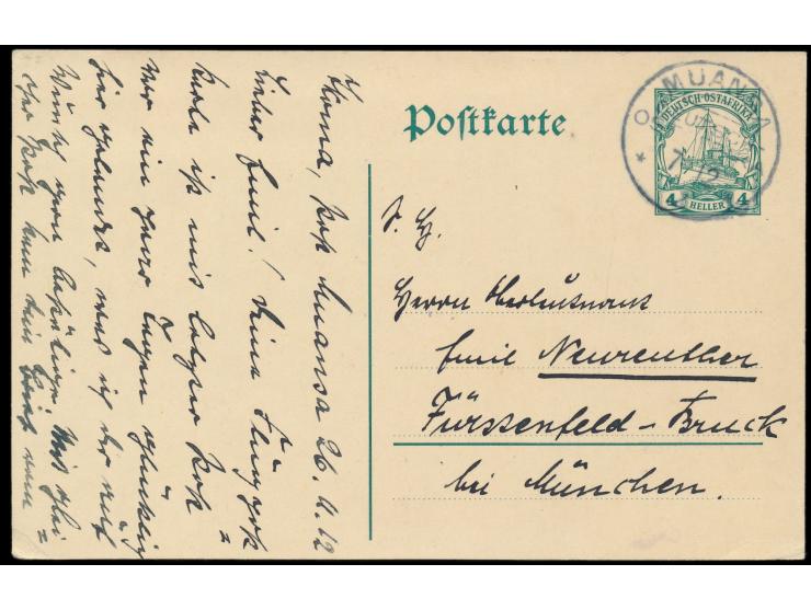 Stempel  Muansa  7.12.12 auf Ganzsache 4 H. nach Fürstenfeldbruck, geschrieben in  Ikoma  am 26.11.12, Schreiber der Karte is