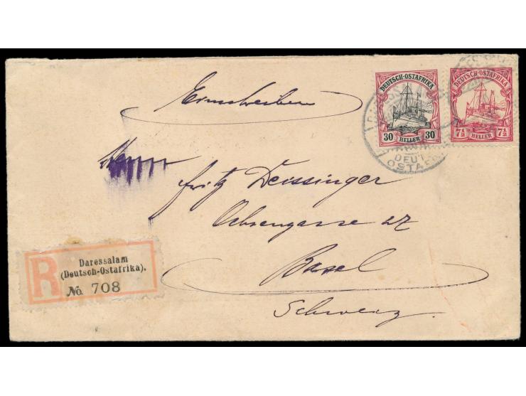 7 1/2 H. und 30 H. auf Auslands-Einschreibbrief 2. Gewicht in die Schweiz, Gitterstempel Daressalam 30.5.13, Durchgangstempel