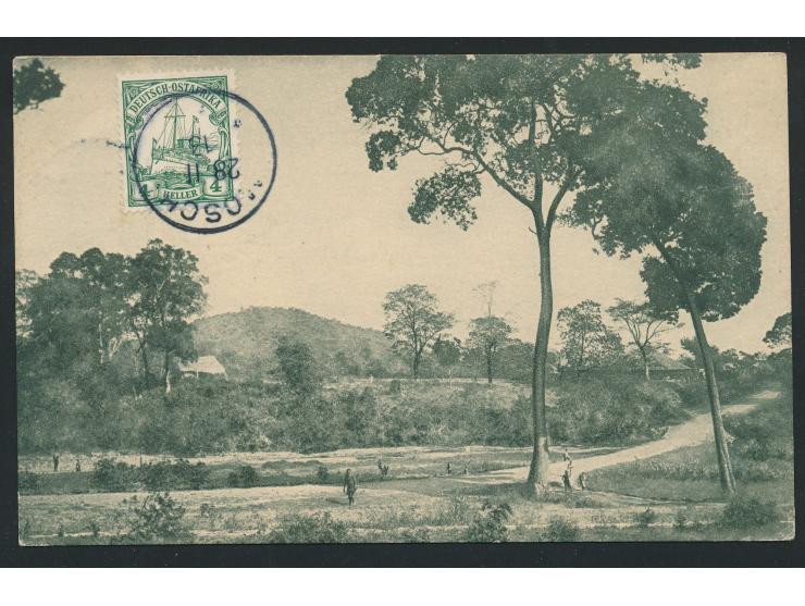 4 H. bildseitig auf Ansichtskarte  Aruscha,  Verlag Dobbertin, Stempel  Moschi  28.11.13, nach Hamburg, Absender ist der Afri