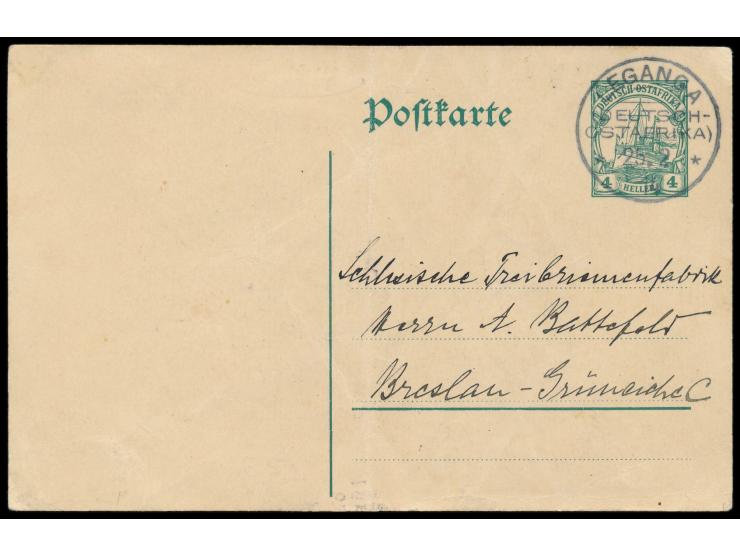 Stempel  Leganga  25.2.14 auf Ganzsache 4 H. nach Breslau, rückseitig Absenderstempel "A. Brunnhoff / Pflanzung / Post Legang