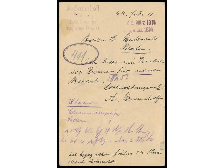 Stempel  Leganga  25.2.14 auf Ganzsache 4 H. nach Breslau, rückseitig Absenderstempel "A. Brunnhoff / Pflanzung / Post Legang
