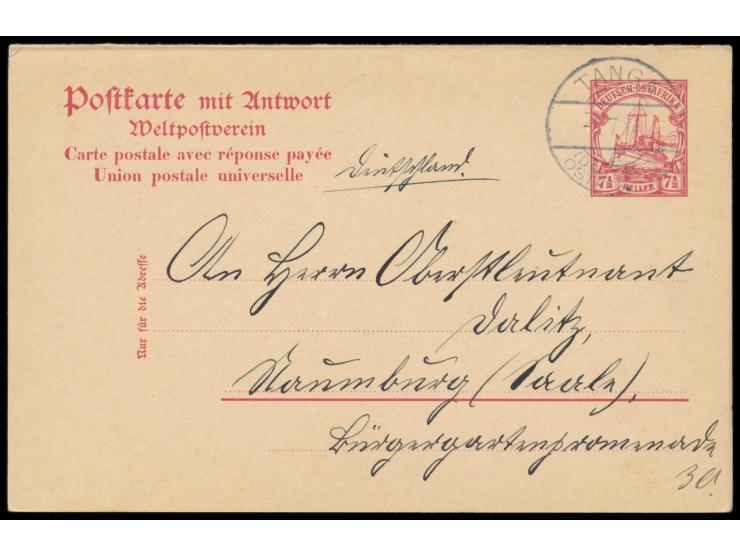 Ganzsachen-Doppelkarte 7 1/2 H. mit Stempel Tanga 6.7.14 nach Naumburg, befördert mit Dampfer Kigoma (letzter Friedenspost-Ei