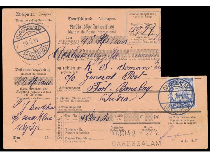 Auslandspostanweisung  auf 48 Rp. nach Indien, Frankatur bis auf einzelne 15 H.-Marke ausgeschnitten, Stempel Daressalam c 28